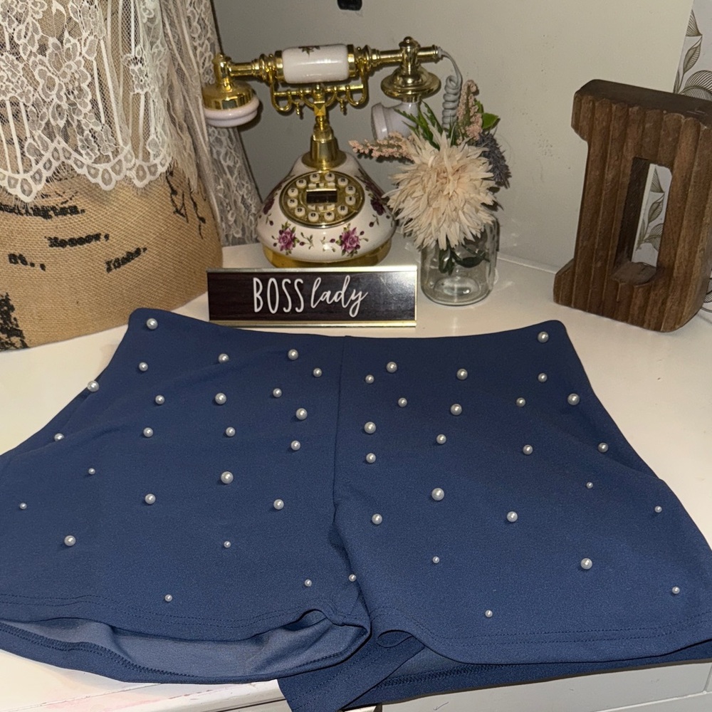 Blue Shorts with Pearl Embellishments